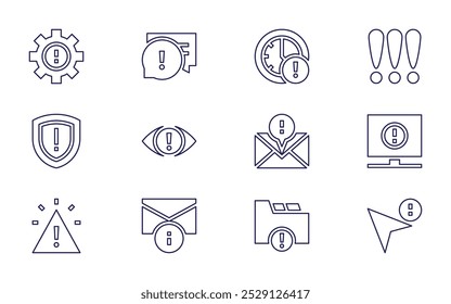 Symbolsatz für Ausrufezeichen. Linienstil. Bearbeitbarer Strich. alert, Vorfall, Stress, obligatorisch, Zeit, Vision, Ausrufezeichen, Ordner, Abonnement, Cursor.