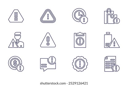Exclamation mark icon set. Line style. Editable stroke. alert, delay, shopping bags, folder, exclamation mark, warning, email, low battery, attention.