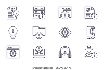 Exclamation mark icon set. Line style. Editable stroke. notification, user, coin, human error, attention, warning, health report, high noise.