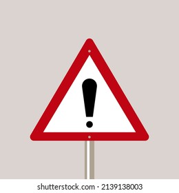 Exclamation mark icon in a triangular frame, on a light gray background. Symbol of attention. Hazard warning. Vector.