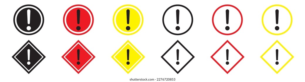 Exclamation mark icon. Warning and warning signs have been installed. Triangles, round and square symbols of attention, danger on a white background. Electrical illustration.On a white background