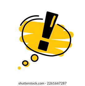 Icono de signo de exclamación en burbuja de voz amarilla con línea negra, estilo doodle. Ilustración vectorial.