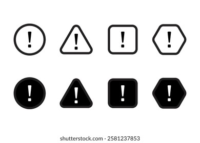 Exclamation mark icons. Circle triangle square. Hexagon vector shapes. Simple caution symbols.