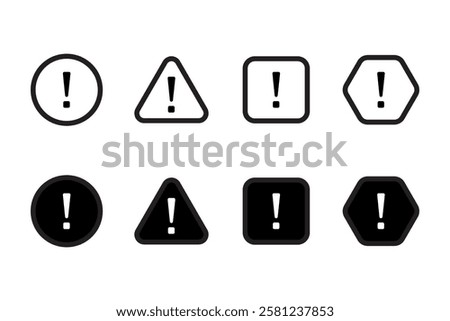 Exclamation mark icons. Circle triangle square. Hexagon vector shapes. Simple caution symbols.