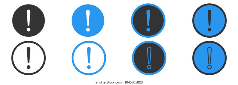 Iconos del signo de exclamación. Colección de símbolos de atención aislada en fondo blanco. Icono de advertencia en círculo en negro y azul. Signo de mensaje importante. Ilustración vectorial. EPS 10