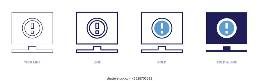 Icono informal de signo de exclamación en 4 estilos diferentes. Línea delgada, línea, negrita y línea negrita. Estilo duotono. Trazo editable.