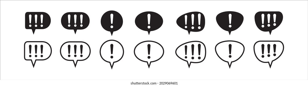 Exclamation mark inside bubble chat icon vector set. Black color. Warning attention signs set complete collection. Important or caution symbol illustration.