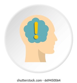 Exclamation mark inside human head icon in flat circle isolated on white background vector illustration for web