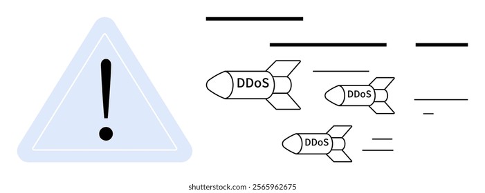 Exclamation mark inside a triangular warning sign and several missiles labeled DDoS. Ideal for cybersecurity awareness, cyber attacks, data protection, network security, and technology risks. Flat