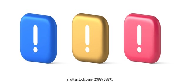 Exclamation mark keyboard button important attention point cyberspace communication 3d realistic blue gold and pink icons. Emotional text caution error media message