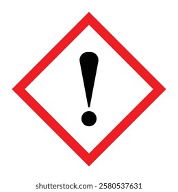 Exclamation Mark Label. GHS Hazard warning sign with a black exclamation mark in a red rhombus isolated on a white background. Attention icon with exclamation mark symbol vector illustration, EPS 10