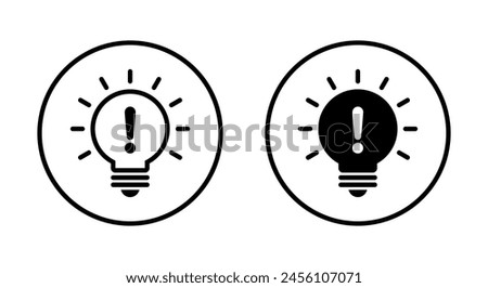 Exclamation mark with lamp icon on circle line. Warning light bulb sign symbol