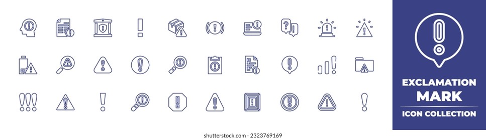 Exclamation mark line icon collection. Editable stroke. Vector illustration. Containing alert, bank, exclamation mark, warning, incident, stress, warning sign, low battery, magnifying glass.