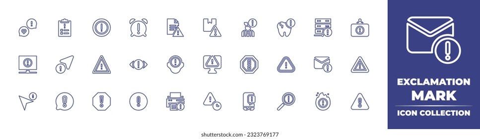 Exclamation mark line icon collection. Editable stroke. Vector illustration. Containing discussion, clipboard, attention, alarm clock, error, package, problem, tooth, servers, poster, alert, cursor.