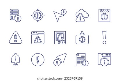 Exclamation mark line icon set. Editable stroke. Vector illustration. Containing server, target, cursor, access denied, note, warning sign, warning, wanted, poster, exclamation, notification, warn.