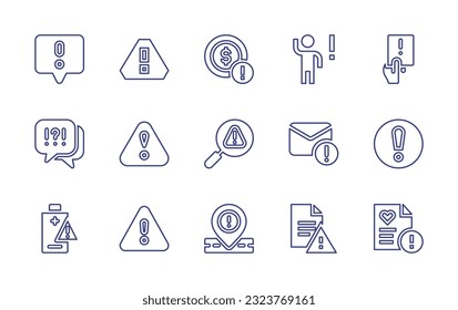 Juego de iconos de línea de marca de exclamación. Trazo editable. Ilustración vectorial. Conteniendo informe, advertencia, moneda, persona, intervención, pregunta, lupa, alerta, obligatorio, batería baja, ubicación.