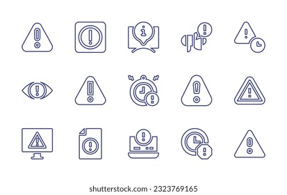 Juego de iconos de línea de marca de exclamación. Trazo editable. Ilustración vectorial. Conteniendo alerta, advertencia, información, informe, vencido, ojo, fecha límite, señal de advertencia, señal de alerta, fallo de funcionamiento, portátil, retraso.