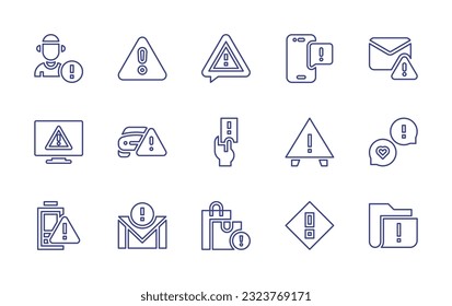 Exclamation mark line icon set. Editable stroke. Vector illustration. Containing human error, caution, problem, warning, alert, error, car, intervention, discussion, low battery, email, shopping bags.