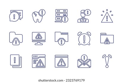 Exclamation mark line icon set. Editable stroke. Vector illustration. Containing chat, tooth, servers, user, warning sign, folder, warning, spam, alarm clock, answer, error, subscription.