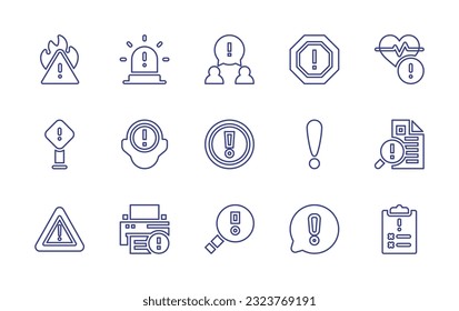 Juego de iconos de línea de marca de exclamación. Trazo editable. Ilustración vectorial. Con emergencia, alerta, exclamación, advertencia, frecuencia cardíaca, señal, recuerdos, exclamación, búsqueda, peligro, portapapeles.