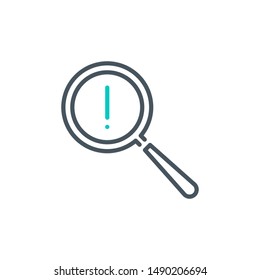exclamation mark with magnifier glass outline flat icon. Single quality outline logo search symbol for web design mobile app. Thin line design logo sign. Loupe lens icon isolated on white background