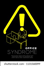 Exclamation mark with man icon pictogram and computer yellow color, beware office syndrome concept design illustration isolated on black background, with copy space