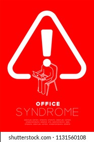 Exclamation mark with man icon pictogram and laptop white color, beware office syndrome concept design illustration isolated on red background, with copy space