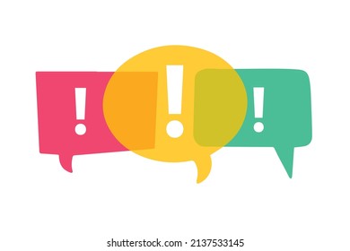 Exclamation mark in neon sheer bright speech bubbles vector illustration isolated on white background. Dialog box with exclamation point. chat reaction concept