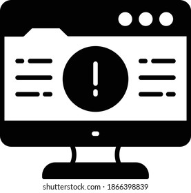 Marca de exclamación en el vector de pantalla del ordenador Diseño de iconos glifos, computación en nube y servicios de alojamiento de Internet Símbolo sobre fondo blanco, concepto de signo de error inesperado, 