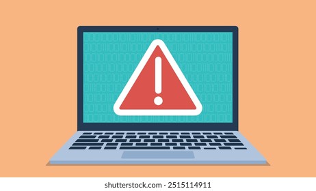 Ponto de exclamação na tela do laptop. Atrás do ponto de exclamação é exibido o código zero-um. Vírus atacado laptop, aviso, antivírus. Laptop tomado por um hacker. Vetor de design plano