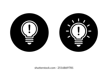 Exclamation mark on light bulb icon on black circle. Warning lamp sign symbol