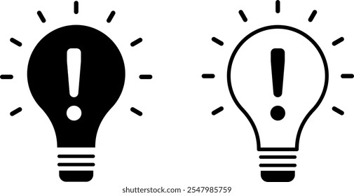 Ausrufezeichen auf Glühbirnen-Symbolsatz. Glühbirnen-Symbol mit Ausrufezeichen. Beleuchtung Elektrische Pfeile Lampe. Ideensymbol
