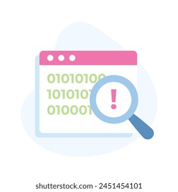 Exclamation mark on magnifier with webpage denoting flat concept icon of coding error search