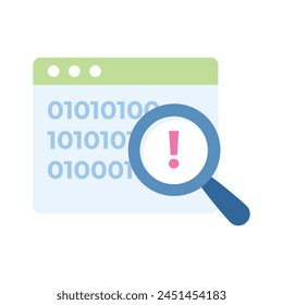 Signo de exclamación en la lupa con página web que indica el concepto plano icono de la codificación de búsqueda de error