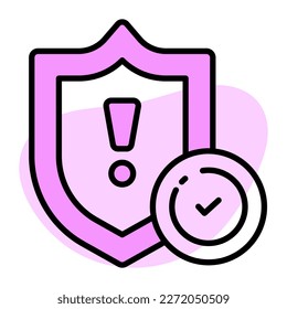 Exclamation mark on shield with tick mark showing vector of verified security