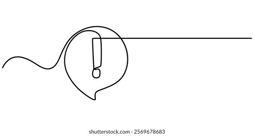 Exclamation mark in one continuous line drawing vector illustration. Pro vector, Exclamation mark, one line continuous drawing. Simple minimalism design style, linear background with exclamation sign.