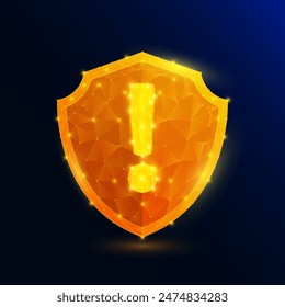 Exclamation mark in orange shield glowing  in style polygonal on dark blue background. Symbol warning or safety. Protection concept. Vector EPS10 illustration.