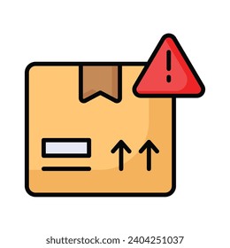 Marca de exclamación con paquete de paquete que simboliza el icono de concepto de alerta de paquete