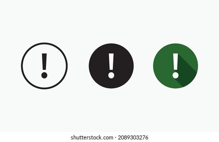 
Exclamation Mark or Point Sign Symbol Icon of 3 Types : White Outline, Black Glyph and Green Color with Shadow, Isolated on White Background, Vector Image Template