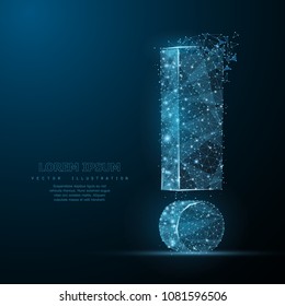 Marca de exclamación. Malla poligonal de armazón en el cielo azul oscuro con puntos y estrellas. Atención, alerta, advertencia, ilustración conceptual o fondo