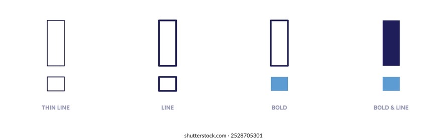 Icono de signo de exclamación propio en 4 estilos diferentes. Línea delgada, línea, negrita y línea negrita. Estilo duotono. Trazo editable.