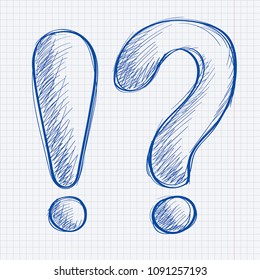 Exclamation mark and question mark. Blue hand drawn sketch on lined paper background. Vector illustration