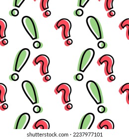 Exclamation mark and question mark, punctuation marks, vector seamless pattern in the style of doodles