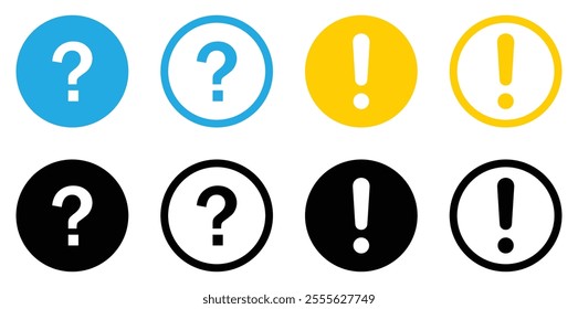 Exclamation mark and question mark vector icons set in blue, black and yellow color. Exclamation points and question mark icon collection. Silhouette and flat style. Vector illustration.