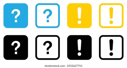 Exclamation mark and question mark vector icons set in blue, black and yellow color. Exclamation points and question mark icon collection. Silhouette and flat design. Vector illustration.