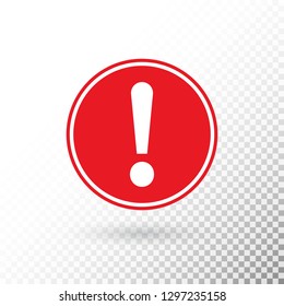 Exclamation mark in red circle isolated on transparent background. Warning symbol. Attention button. Exclamation mark icon in flat style. Red circle warning sign. Vector illustration.