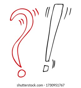 Exclamation mark with a red outline. Question mark with a black outline. Lines on a white background. Doodle Vector illustration.