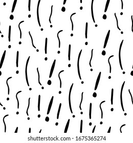 Exclamation mark seamless pattern on white background. Hand drawn vector elements.Vector sketch question marks background