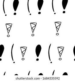 Exclamation mark seamless pattern on white background. Hand drawn vector elements.Vector sketch question marks background