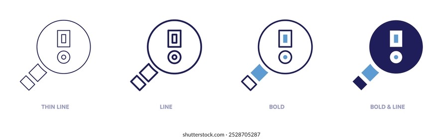Icono de búsqueda de signo de exclamación en 4 estilos diferentes. Línea delgada, línea, negrita y línea negrita. Estilo duotono. Trazo editable.